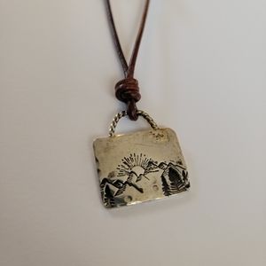 Handmade Stamped Silver Mountain Pendant on Leather Cord